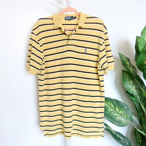Ralph Lauren Men's Yellow & Navy Blue Striped Short Sleeve Collared Polo Shirt M - Picture 2 of 4